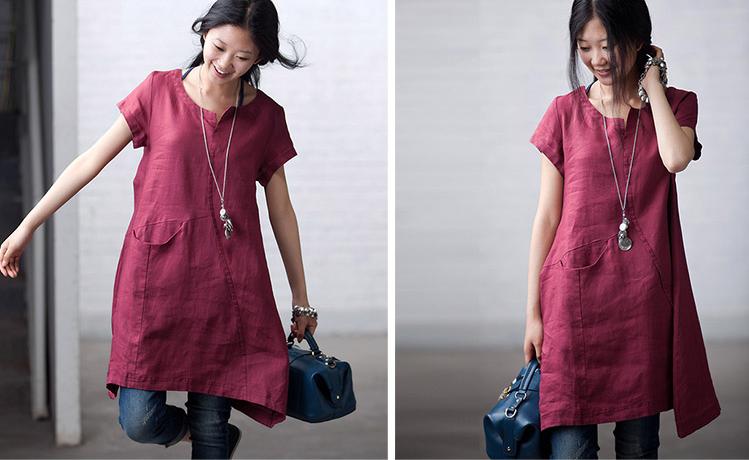 Plus Size Women Summer Solid Ethnic 100 Ramie Shirt
